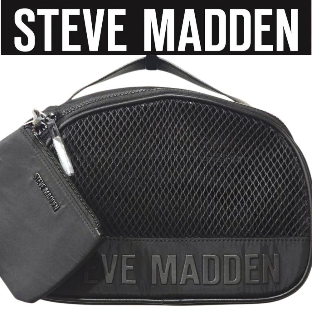 Steve Madden Logo Zip Around Mesh Soft Traincase- Black
